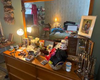 MCM dresser with mirror loaded with costume jewelry... several pices from Ireland with marble inserts, 