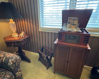 wonderful vintage look radio record player, great little storage cabinet and Waterford Crystal lamp 
