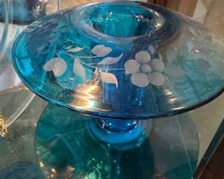 vintage pair of blue and etched glass candle holders 