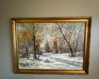Gorgeous vintage antique oil on canvas of early winter scene... this is quite large in a gilded frame 