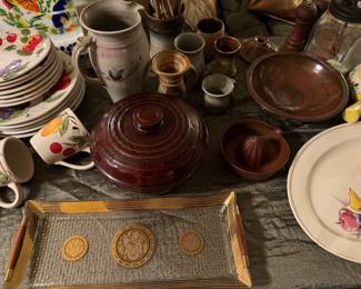 Hand thrown pottery dishes, MCM gold serving tray 
