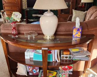 Sofa Table, Lamp, Adult Coloring Books, Markers, Glass Vase & Candy Dish