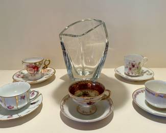 Baccarat vase and assorted tea cups and saucers