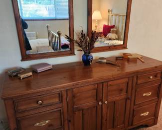 Lovely Pine Credenza Dresser with Matching Pine Mirrors. 