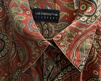 Liz Claiborne Women's Button Up Shirt with Red Paisley Design
