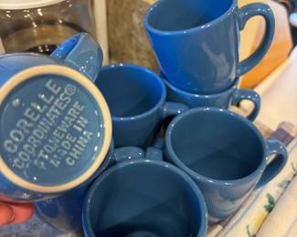 Set of 7 Corelle Coordinates Blue Stoneware Mugs