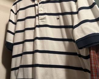 Tommy Hilfiger Men's White & Navy Striped Polo Shirt - Size Medium