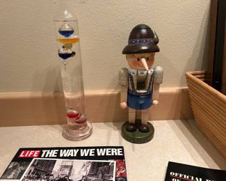 Galileo Glass Thermometer with Multicolored Floating Orbs, Hand Painted Pinocchio Nutcracker