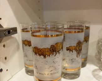 Set of 5 Western "The Wealth of Yesterday" Buffalo Themed Frosted Glasses