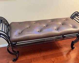 Black Wrought Iron with Tufted Brown Leather Bench