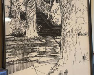 1984 Framed Pen Drawing of Courtyard Signed by Zorter