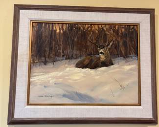 Framed Oil Painting of Buck by E. Metcalf