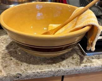 Large Yellow with Brown Stripes Stoneware Mixing Bowl