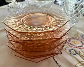 Set of 8 Octagonal Pink Depression Luncheon Plates
