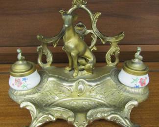 Antique French Figural Dog Desk Double Inkwell