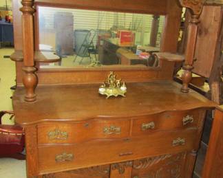 Oak Sideboard with Beveled Glass Mirrored Back, Quarter Cut Oak
