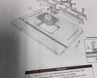 Router in custom made cabinet. Includes hose, wheels, adjuster fence, table and on/off switch