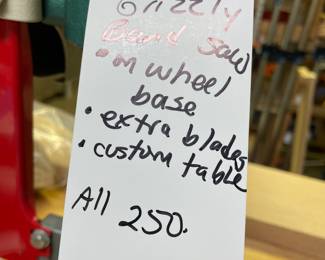 Grizzly 14" Band saw with custom made base, extra blades and custom table