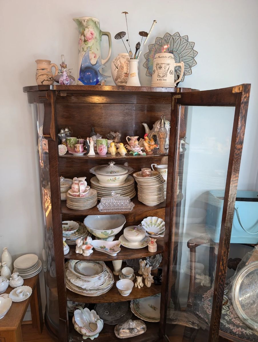 Antique display cabinet, China Set, Hat Pins, Antique Salt and Pepper Shakers, Silver Plated Butter Dish and More...