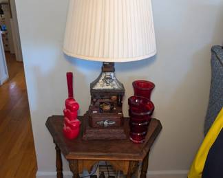 Antique Wooden End Table, Very Cool Lamp, and Cranberry Vase.