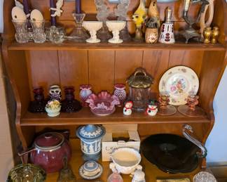 Hutch, Wedgewood Jars & Plate, Candle Holders, Fenton Hobnob, Tea Pot and much more...