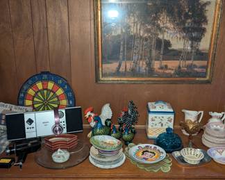 Radio, Chicken Statues, Collectable Plates and Picture