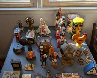 Jade Box, Wooden Carved Figures, Cast Iron Bank, Diver Clock, Brass Bottle Openers, Cooper Tea Kettle, Antique Tins and More...