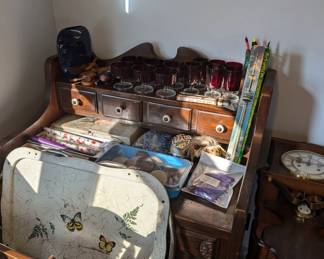 Wooden Desk & Chair, Serving Tray, Cranberry Glass Set and more...