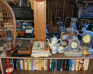 Oil Lamps, China Set, Vintage Clock, Books and Book Shelf