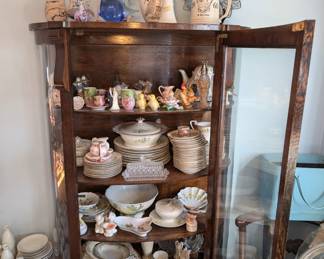 Antique display cabinet, China Set, Hat Pins, Antique Salt and Pepper Shakers, Silver Plated Butter Dish and More...