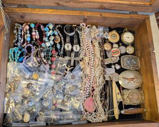 Huge Assortment of Costume Jewelry, Campbell Watches, Necklaces, Pocket Watches, Belt Buckles, Money Clips, Straight Blade Knifes and Pocket Knifes
