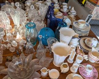 Large Collection of Fine China Tea Cups, Glass/Crystal Bells, Waterford Crystal, Milk Glass and much more.