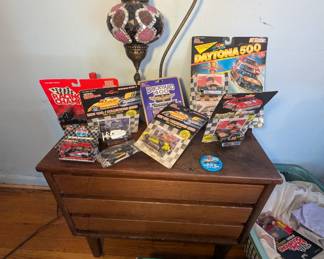 Midcentury Wooden Night Stand, Casino Game, Toy Racing Cars and Vintage Lamp