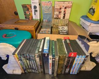 DVD's, Horse Book Ends and Sewing Baskets with Sewing Stuff.