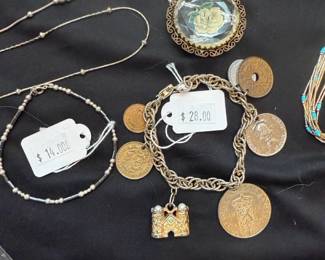 Reverse Glass German Brooch, Vintage charm bracelet, Swatch 1994 Daimler Chrysler watch