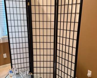 Four Panel Room Divider, Glass Waterfall Side Tables, Orrefors Votive Candle Pair, Muurla Handkerchief Vase