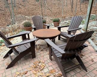 Large Metal Fire Pit, Set of Large Brown Adirondack Chairs
