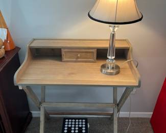 Small wood desk and table lamp