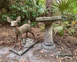 Concrete Birdbath and Deer