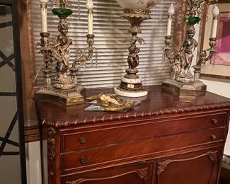 Antique Mahogany Silver Linen Cabinet with Mahogany Beading Trim, 2 Slim Drawers for Linens.