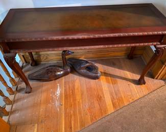Antique Mahogany English Edwardian Style, Leather Top, Beaded Trim, Claw Ball Feet, Library Table