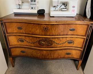 Antique inlaid wood three-drawer dresser/chest of drawers.