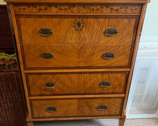 Antique inlaid wood four-drawer dresser/chest.