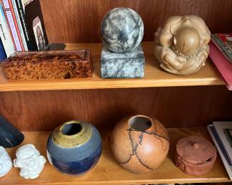 Weeping Buddha wood figurine; vintage hand-made wood dominoes set with box; vases by Grand Rapids artist Scott Berman.