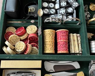 Extensive selection of smalls, much vintage, including antique Chinese ivory die shakers and counters;  vintage dominoes (black wood and mother of pearl or similar); sterling silver jewelry and other sterling items; men’s wristwatches including an Omega Seamaster DeVille; jackknives, antique skeleton keys; a pair of folding Ray-Ban sunglasses; and more.
