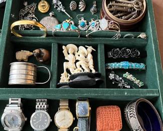 Extensive selection of smalls, much vintage, including antique Chinese ivory die shakers and counters;  vintage dominoes (black wood and mother of pearl or similar); sterling silver jewelry and other sterling items; men’s wristwatches including an Omega Seamaster DeVille; jackknives, antique skeleton keys; a pair of folding Ray-Ban sunglasses; and more.