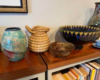 Excellent selection of pottery, including a large bowl signed by Richard Frideaux (far right in photo), and a vase by Scott Berman (far left in photo).