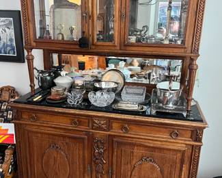 Antique hand-carved hutch/buffet with marble top.
