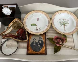 Pair of vintage Royal Copenhagen Flora Danica dishes/bowls; antique tintype photo in gilded/leather frame; vintage hand carved pipe depicting a man with turban/headwear; vintage rose wall hook.