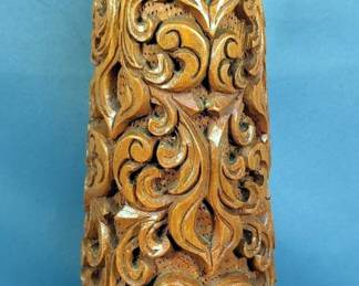 Hand Carved Teak Wood Pedestaled Vase, 15" Tall, Made In Siam